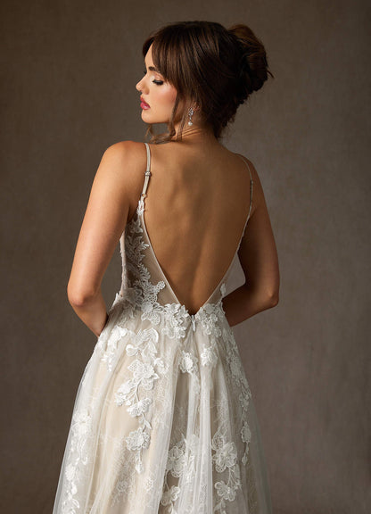 Diamond White Champagne A-Line Lace Tulle Dress
