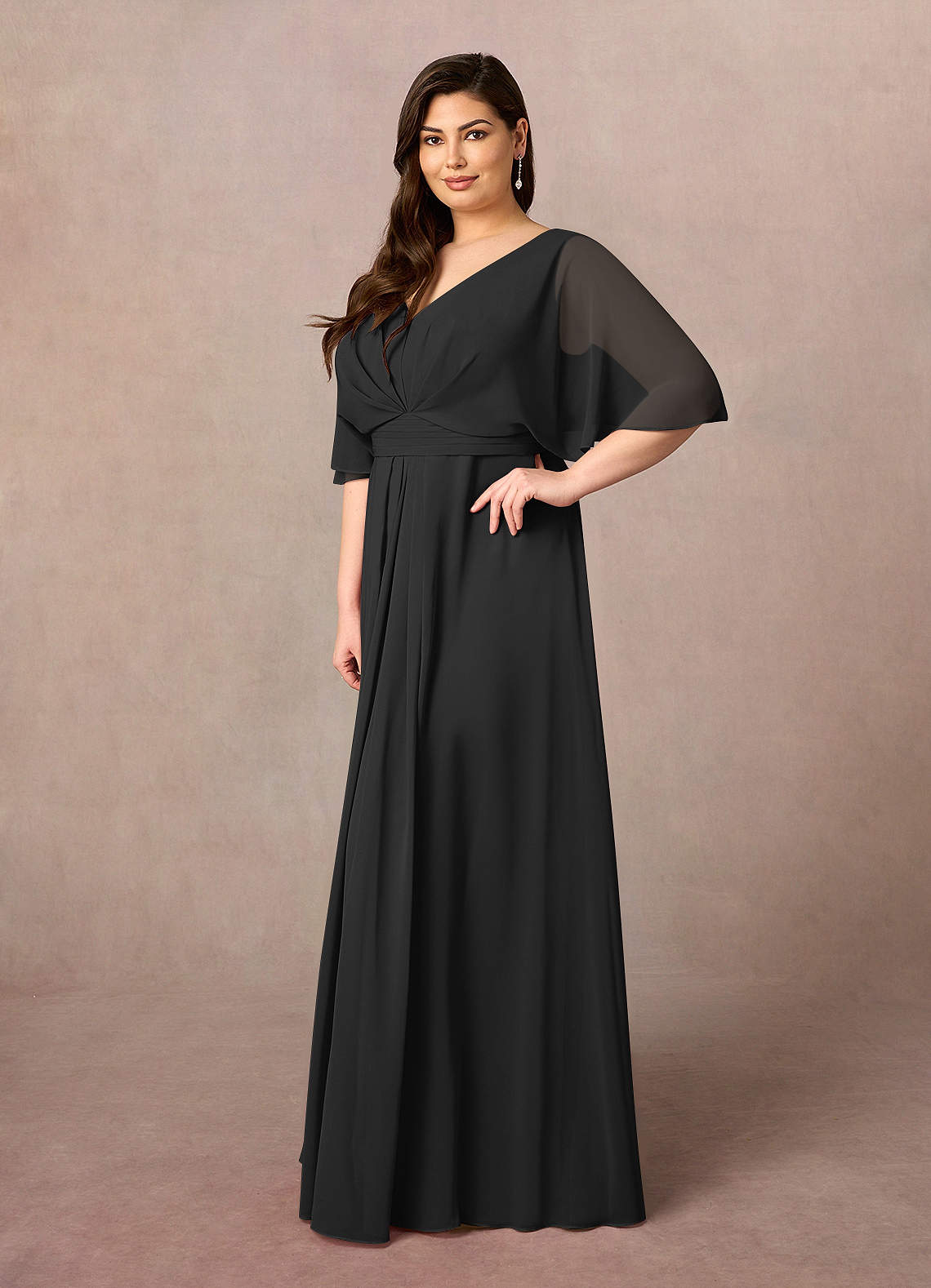Black A-Line V-Neck Pleated Chiffon Dress