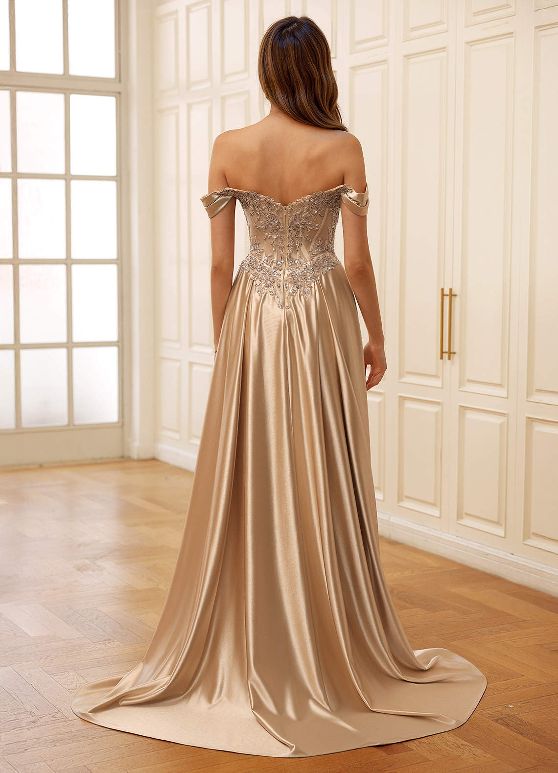 Rowane Champagne Corset Rhinestone Sheer Lace Prom Dress  Dress