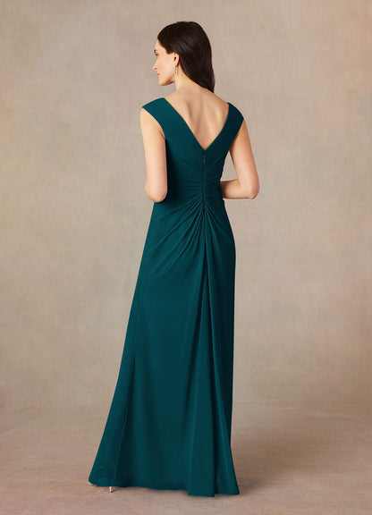 Pine A-Line V-Neck Pleated Chiffon Dress