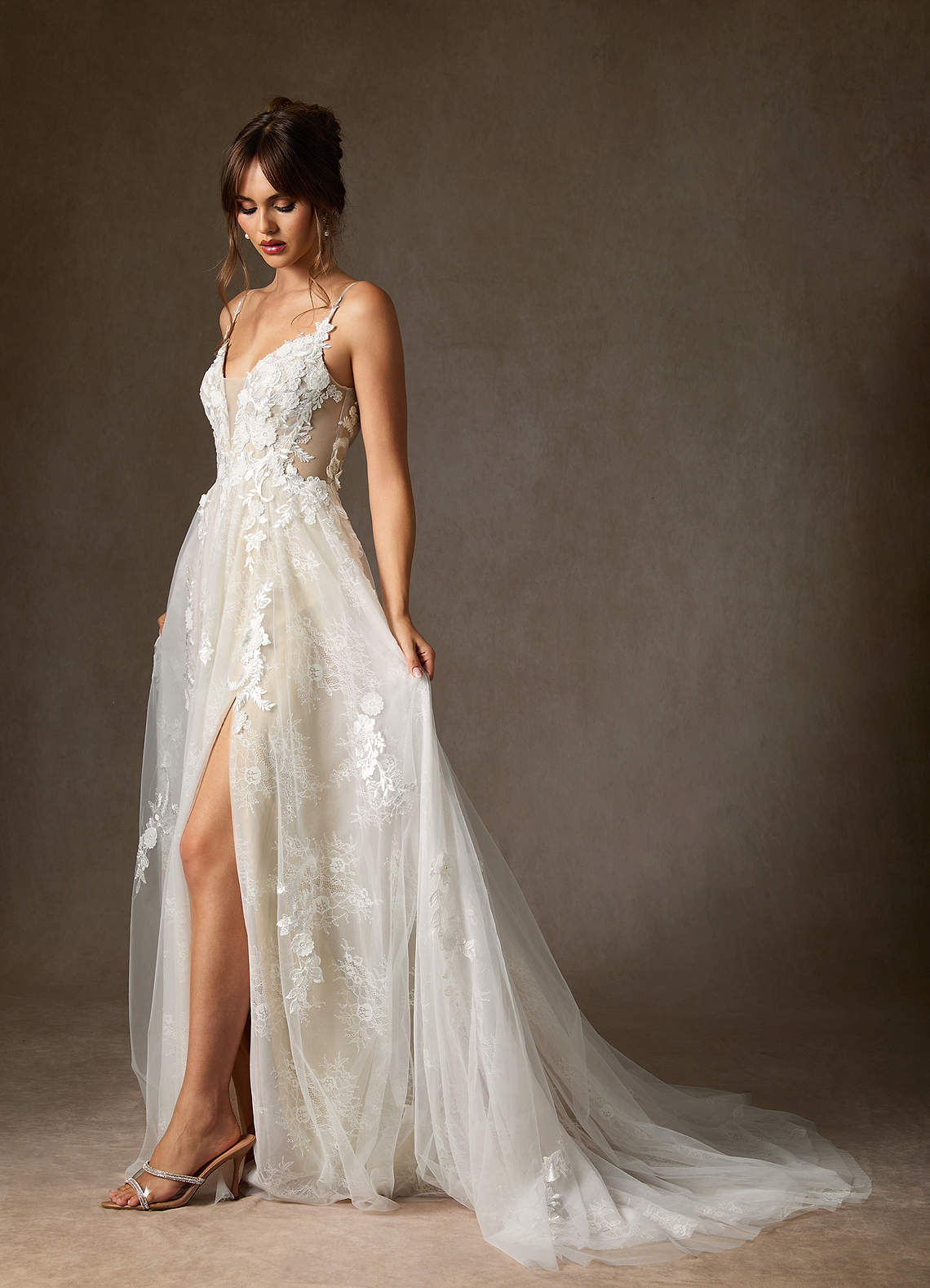 Diamond White Champagne A-Line Lace Tulle Dress