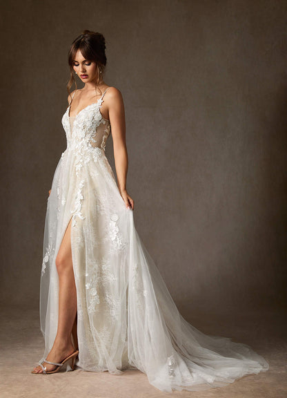 Diamond White Champagne A-Line Lace Tulle Dress