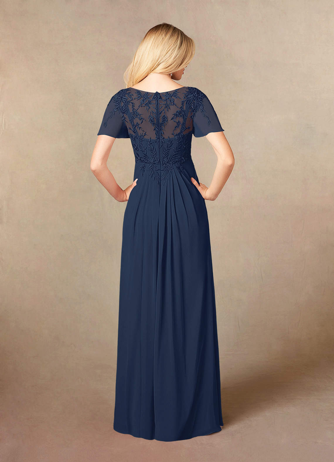 Dark Navy A-Line V-Neck Lace Chiffon Dress