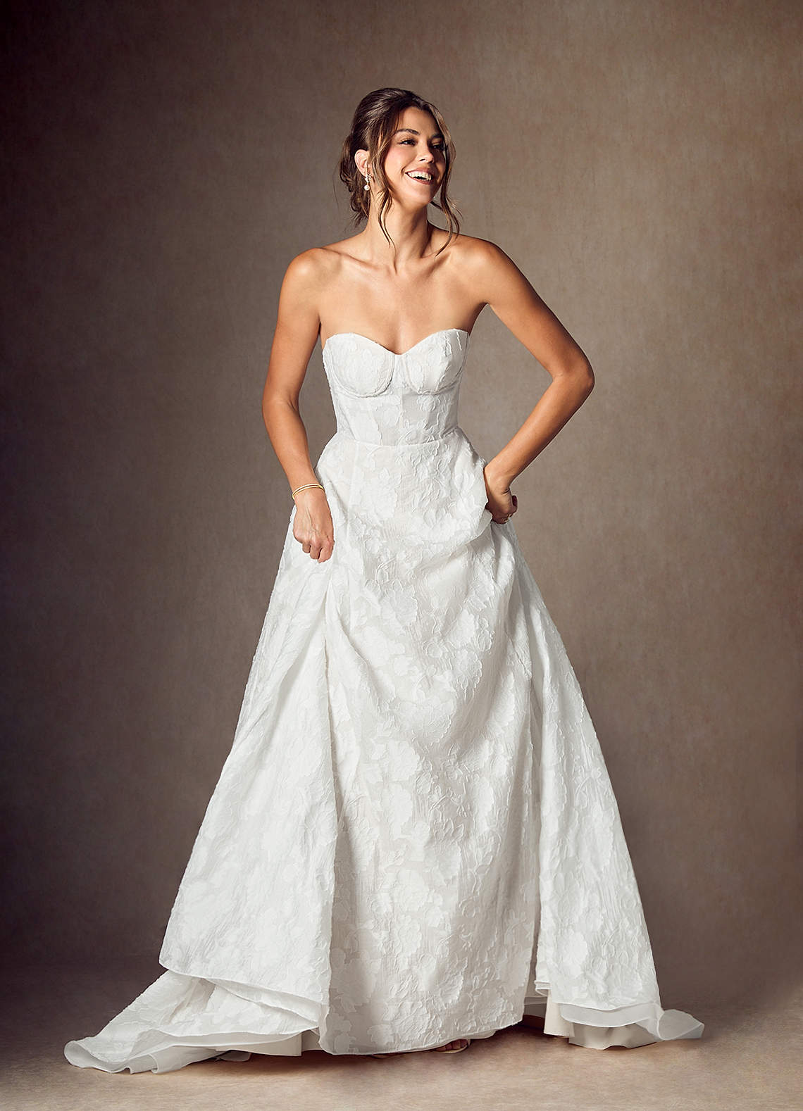 Diamond White Ball-Gown Strapless Floral Burnout Jacquard Dress
