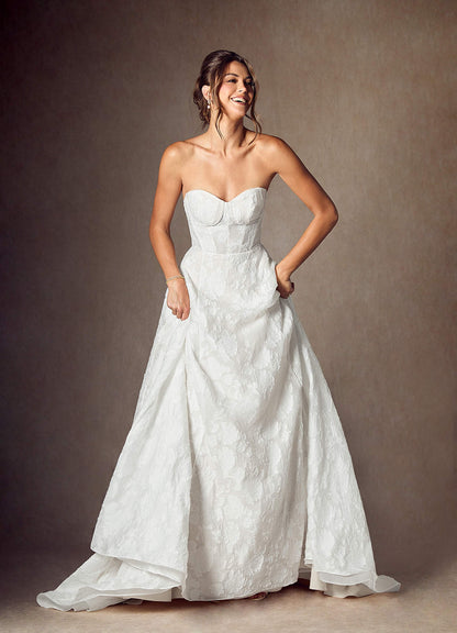 Diamond White Ball-Gown Strapless Floral Burnout Jacquard Dress