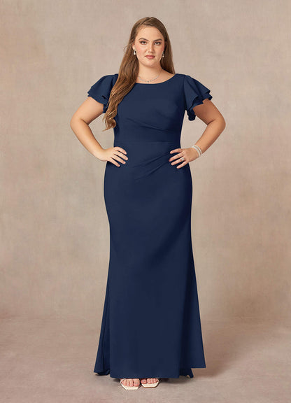 Dark Navy Mermaid Scoop Ruched Stretch Crepe Dress