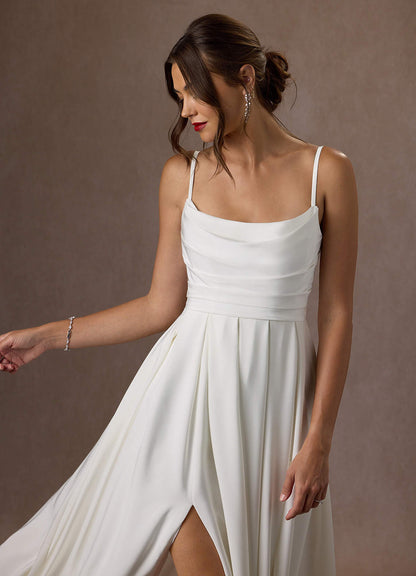 Diamond White A-Line Scoop Pleated Crepe Back Satin Dress