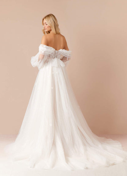 Diamond White Champagne A-Line Off the Shoulder Tulle Dress