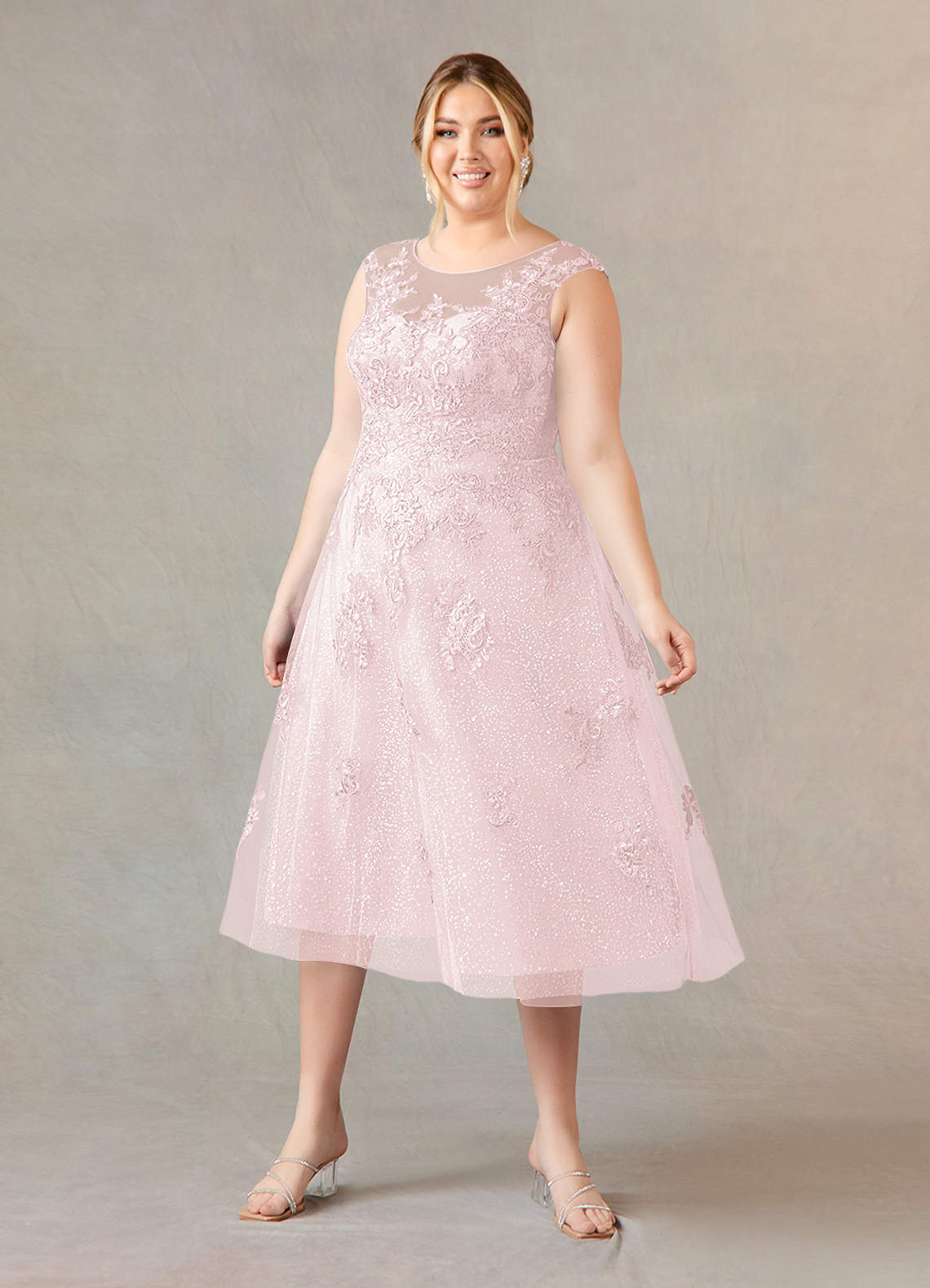 Blushing Pink A-Line Boatneck Lace Tulle Dress