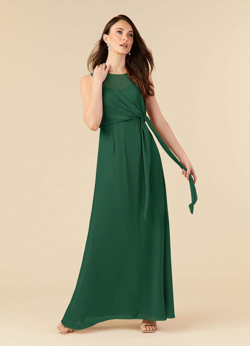 Dark Green A-Line Scoop Pleated Chiffon Dress