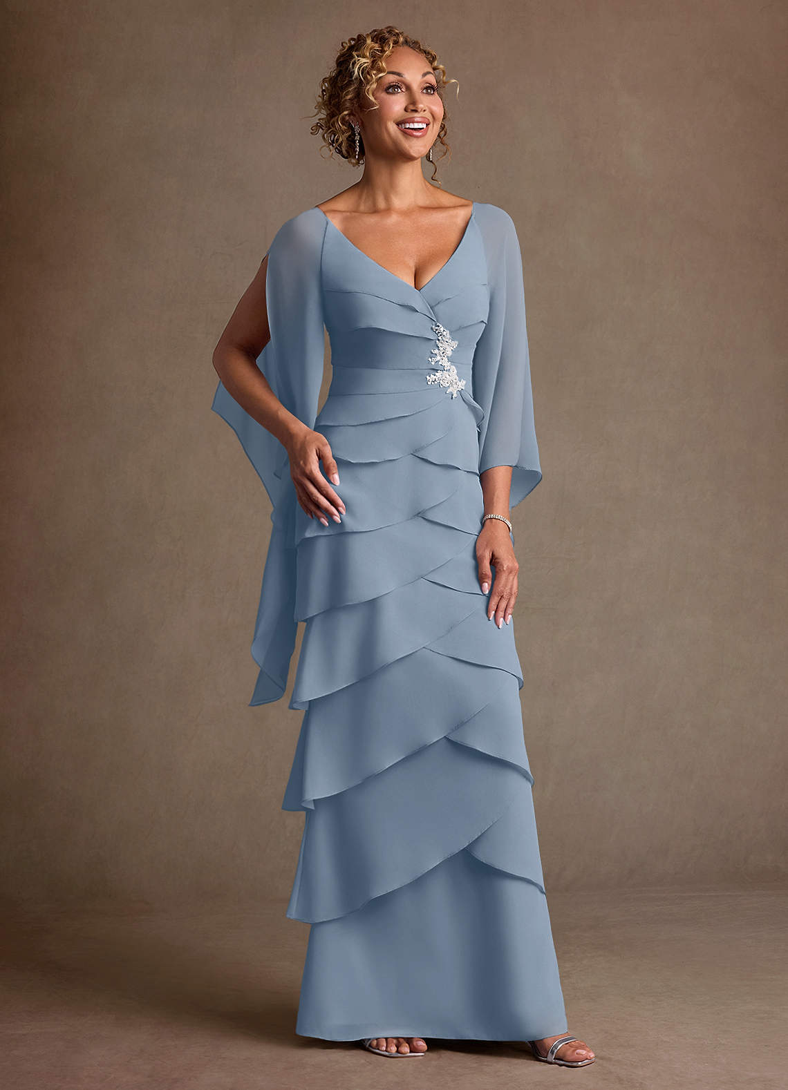 Dusty Blue Sheath Ruched Chiffon Dress