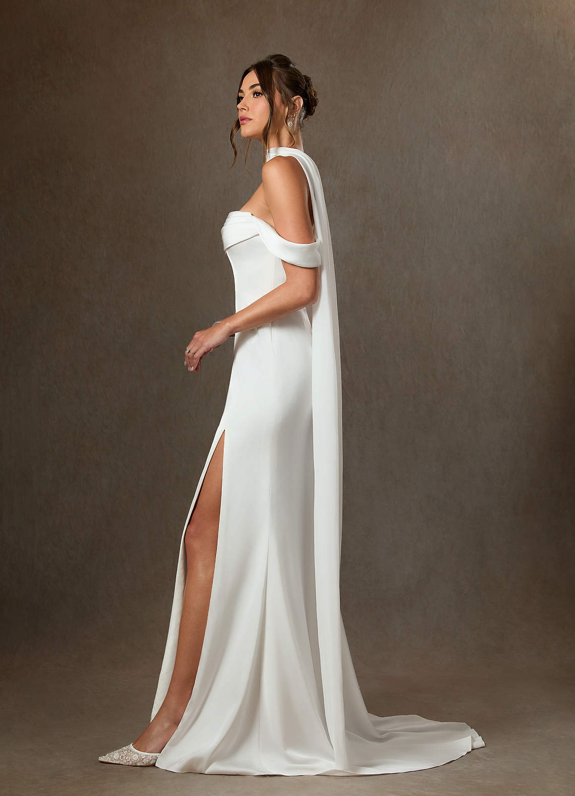 Diamond White Sheath Side Slit Stretch Satin Dress