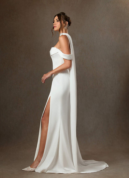 Diamond White Sheath Side Slit Stretch Satin Dress