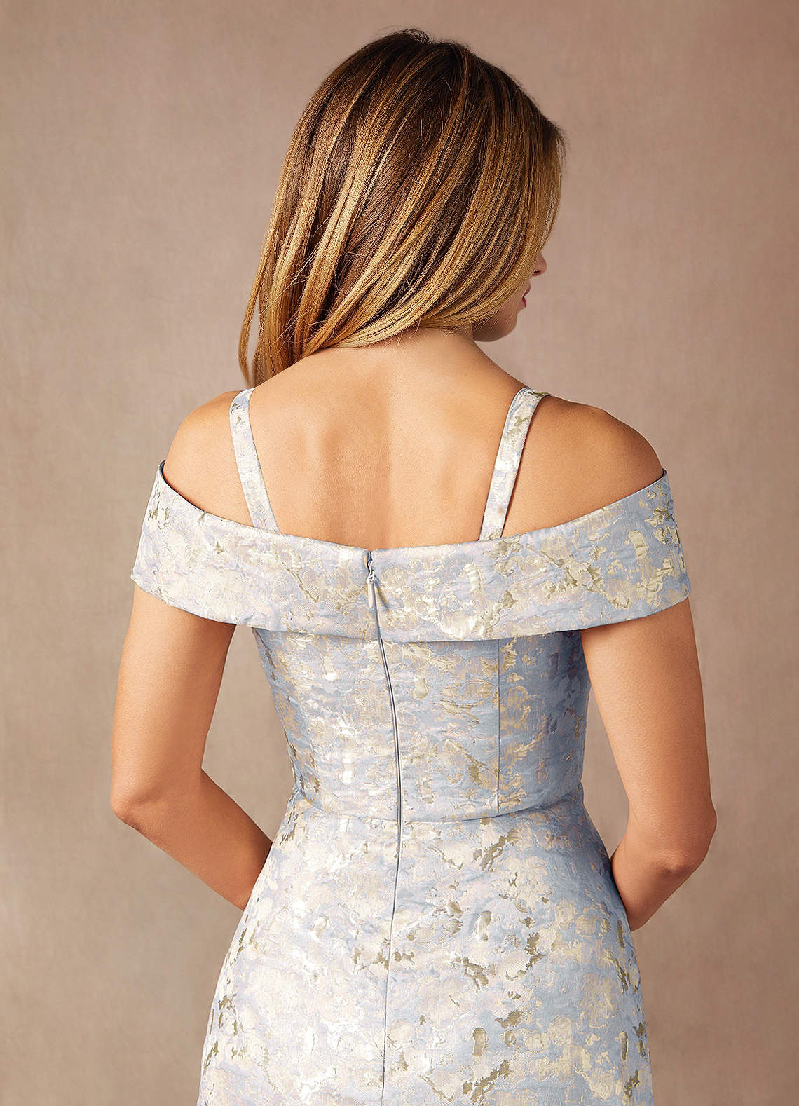 Dusty Blue A-Line Off the Shoulder Jacquard Dress