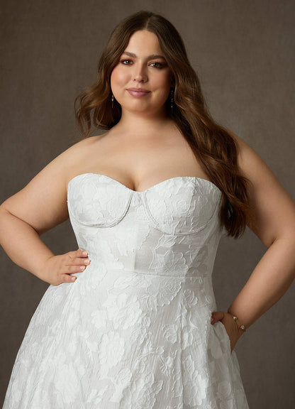 Diamond White Ball-Gown Strapless Floral Burnout Jacquard Dress
