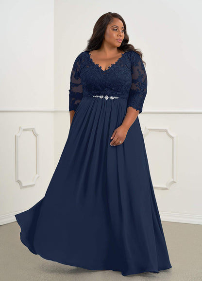 Dark Navy A-Line V-Neck Lace Chiffon Dress