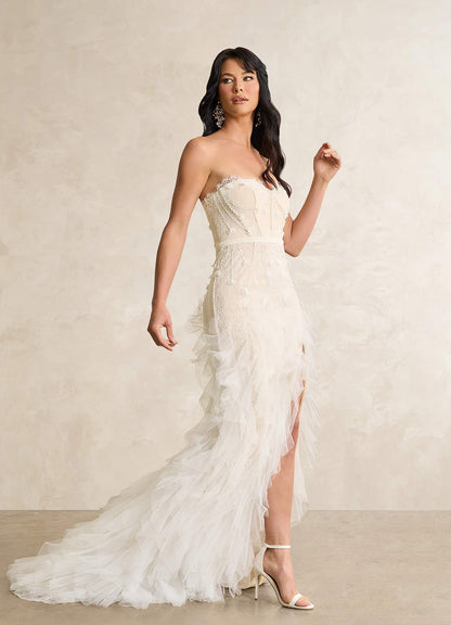 Diamond White Champagne Sheath Sequins Tulle Dress