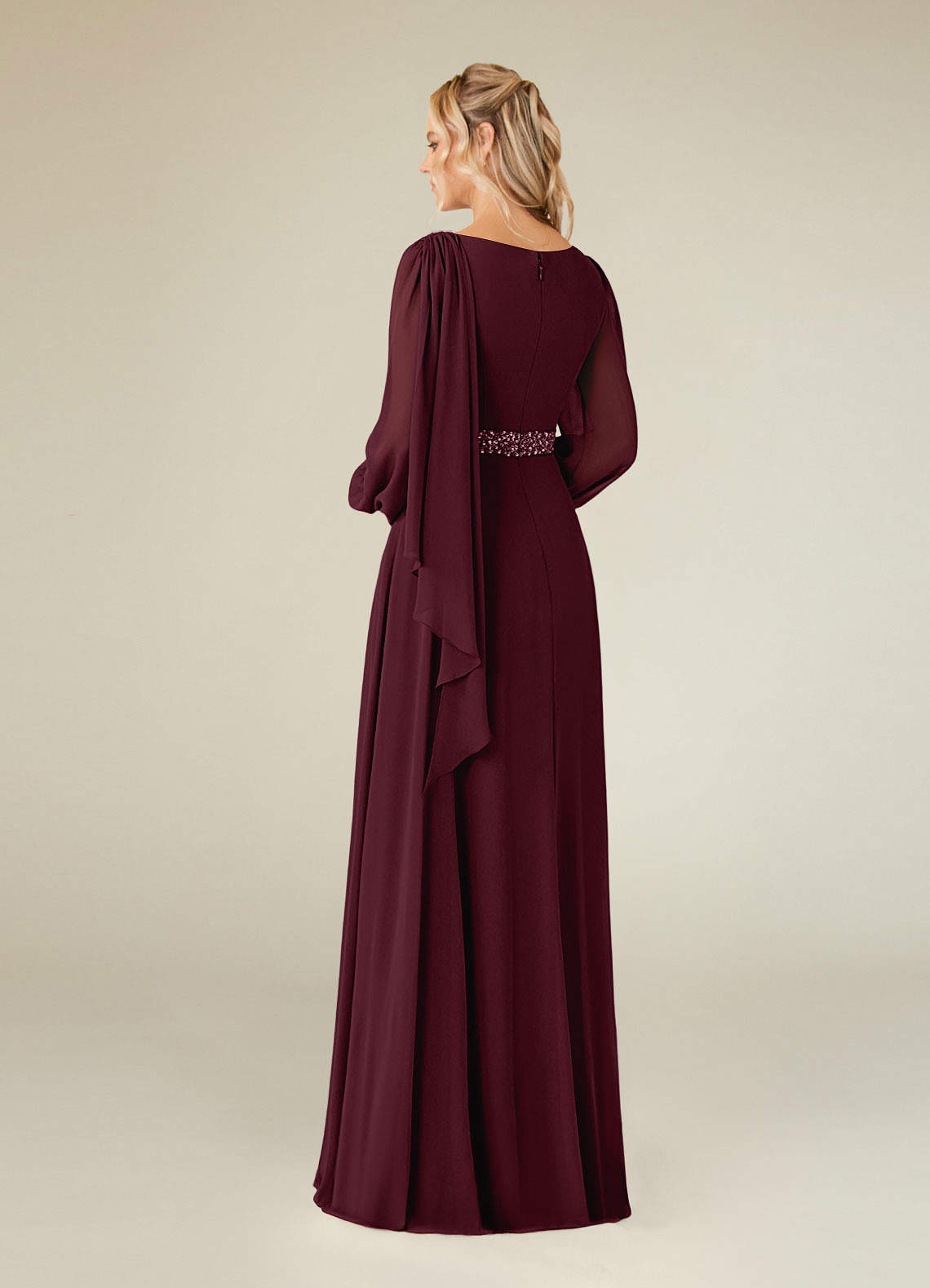 Cabernet A-Line Boatneck Pleated Chiffon Dress