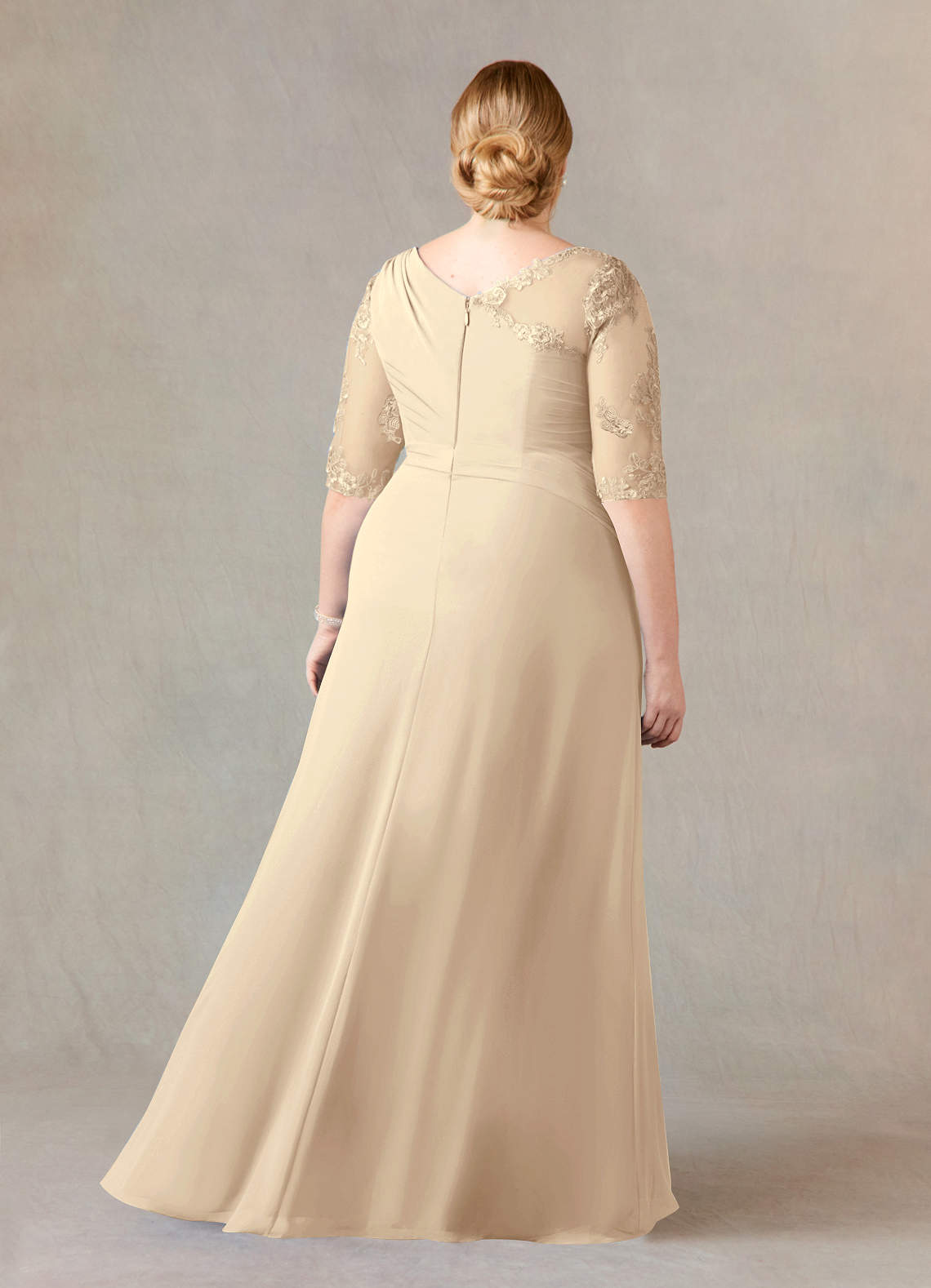 Champagne A-Line Boatneck Lace Chiffon Dress