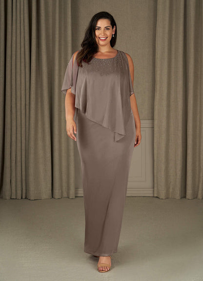 Taupe Sheath Beaded Mesh Dress