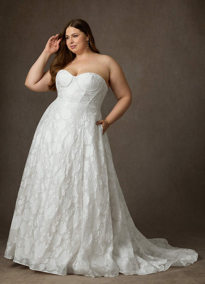 Diamond White Ball-Gown Strapless Floral Burnout Jacquard Dress