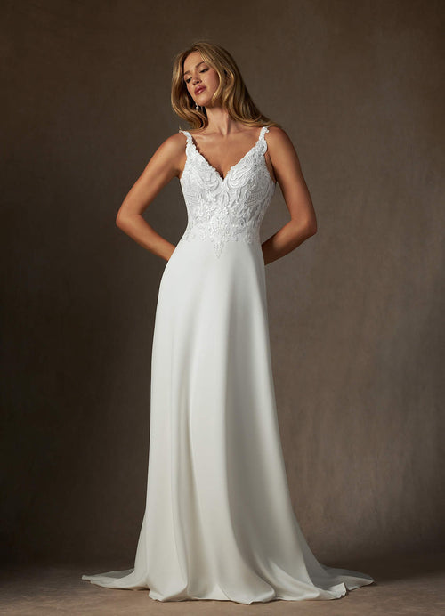 Diamond White A-Line V-Neck Sequins Stretch Crepe Dress
