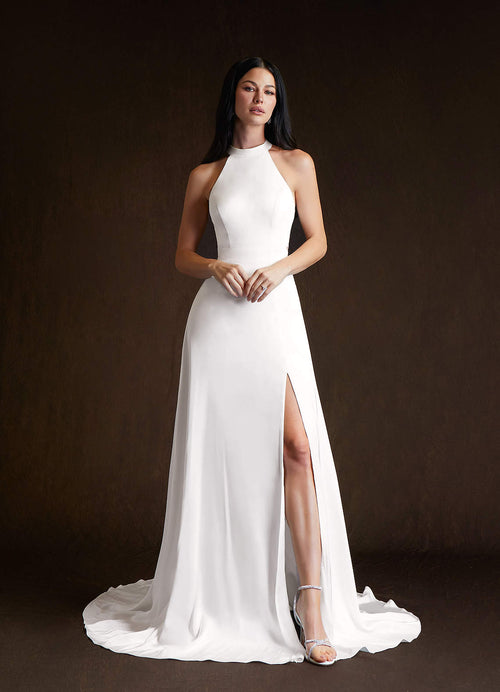 Diamond White A-Line Side Slit Stretch Satin Dress