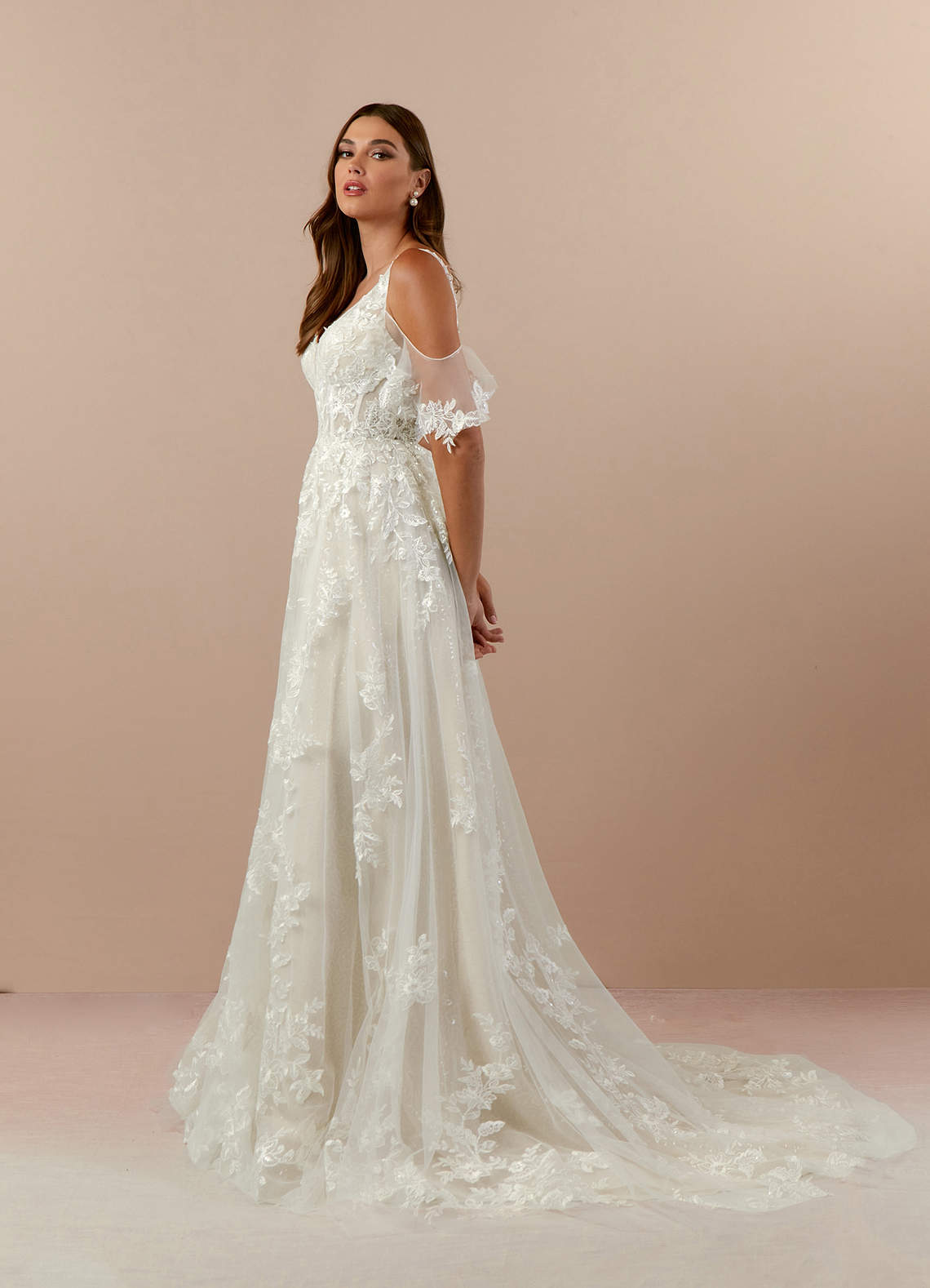 Diamond White Champagne A-Line V-Neck lace Tulle Dress