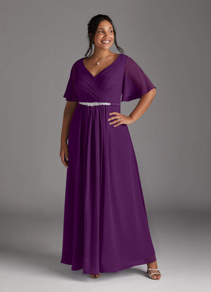 Grape A-Line V-Neck Pleated Chiffon Dress