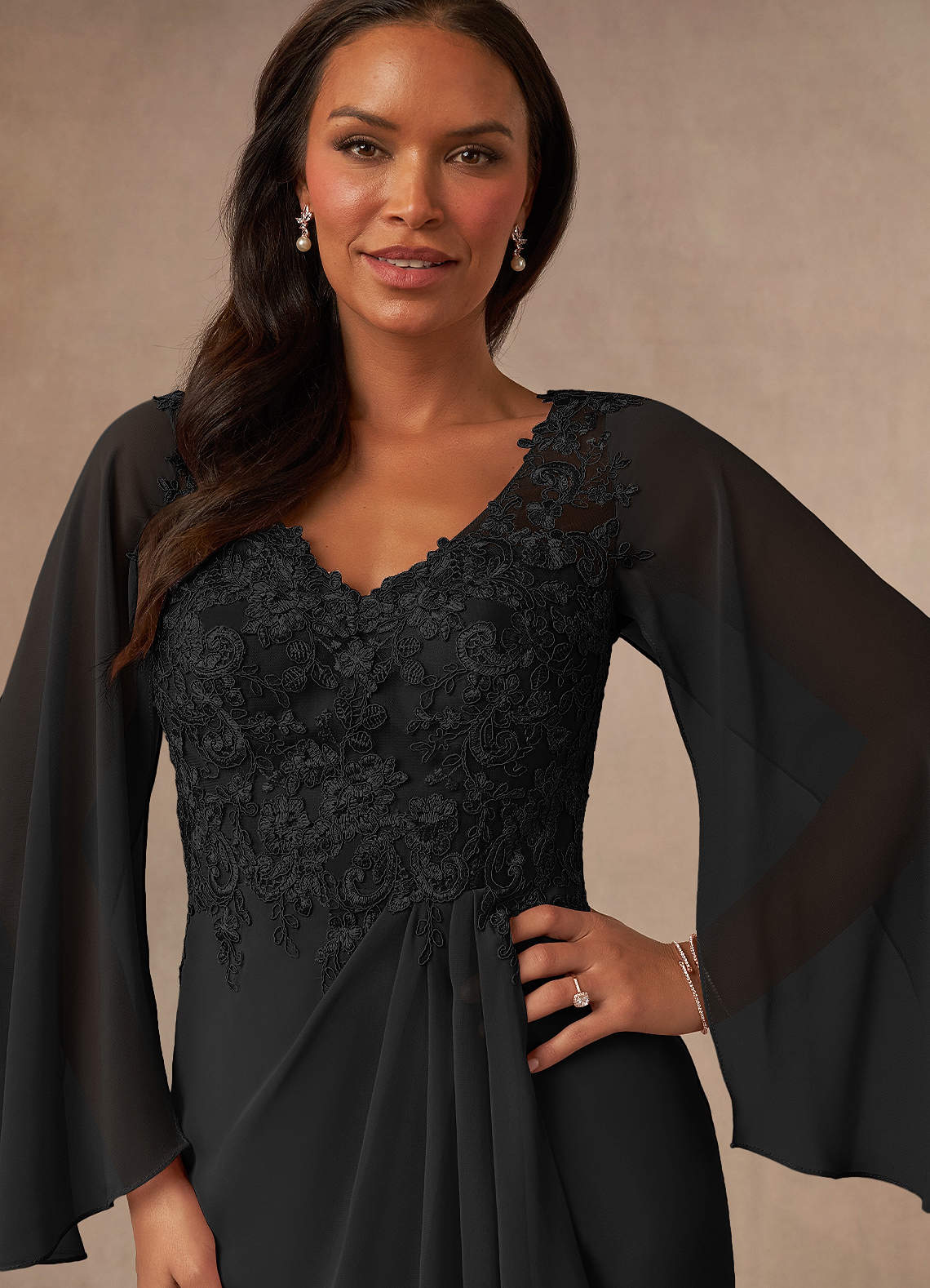 Black Mermaid V-Neck Lace Chiffon Dress