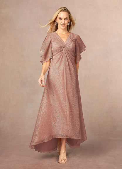 Rose Gold A-Line Ruffle Flutter Sleeve Metallic Mesh Dress