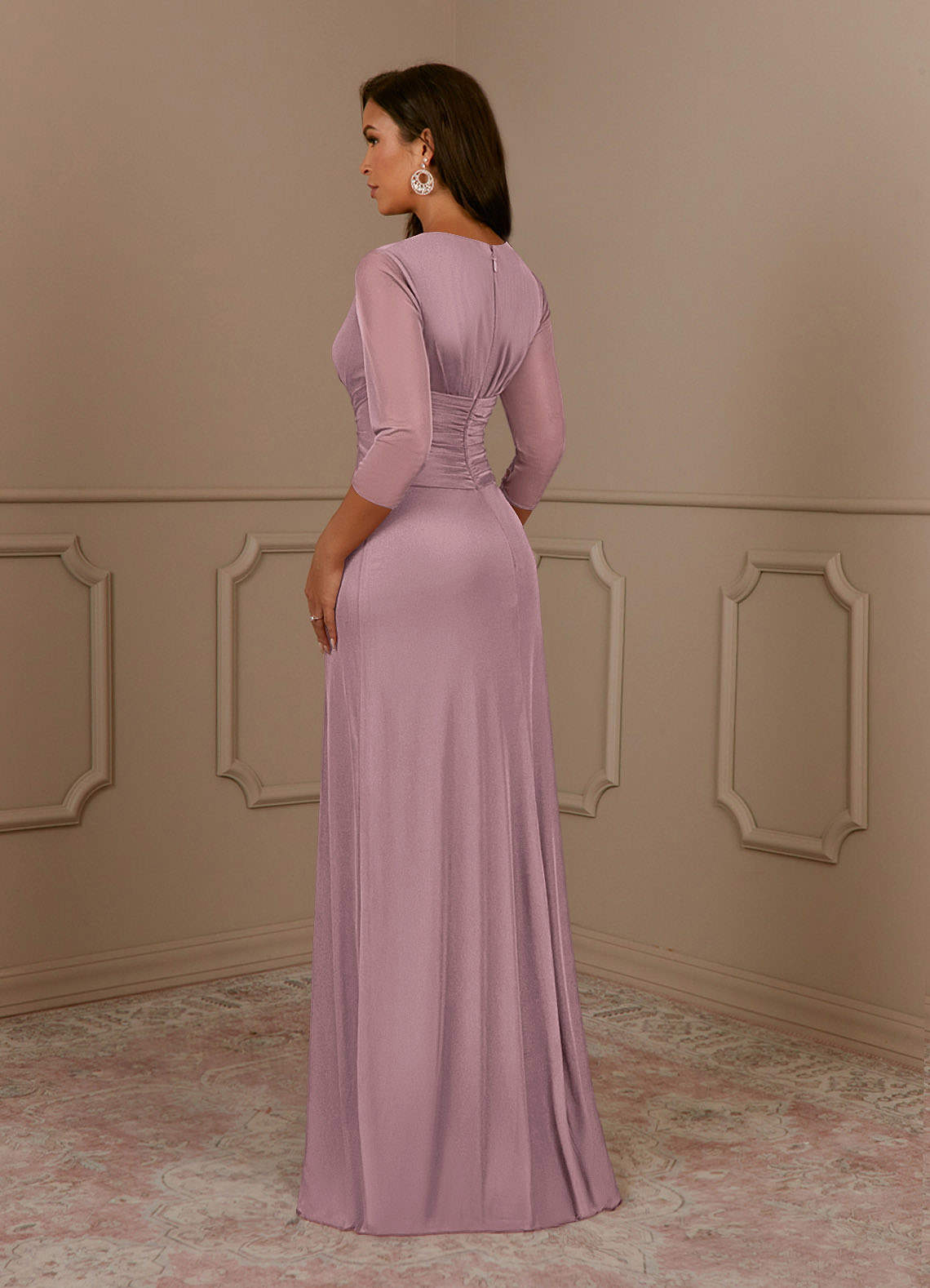 Dusty Rose A-Line V-Neck Pleated Mesh Dress