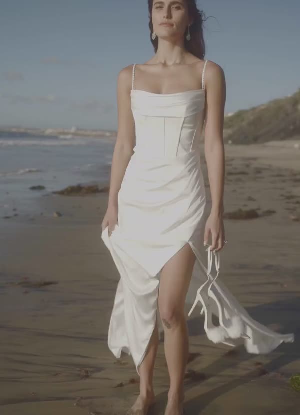 Diamond White Mermaid Pleated Stretch Satin Dress