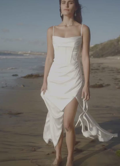 Diamond White Mermaid Pleated Stretch Satin Dress