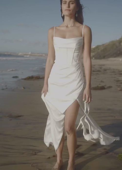 Diamond White Mermaid Pleated Stretch Satin Dress