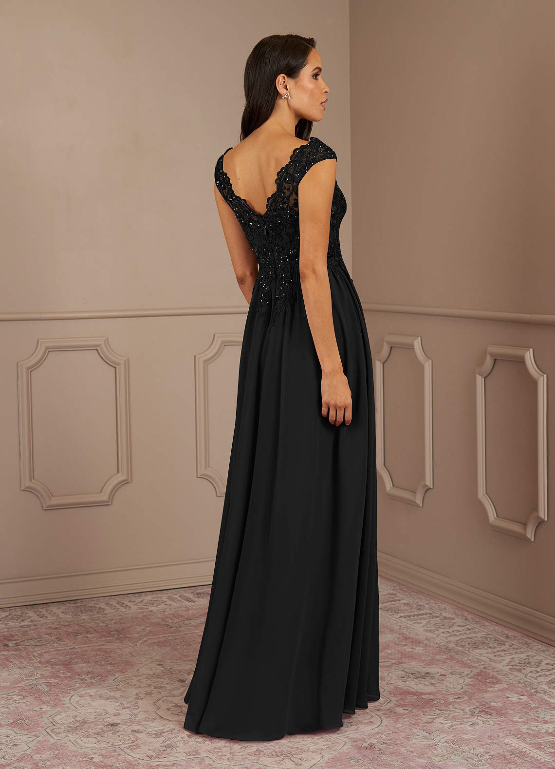 Black A-Line V-Neck Sequins Chiffon Dress