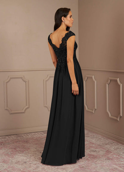Black A-Line V-Neck Sequins Chiffon Dress