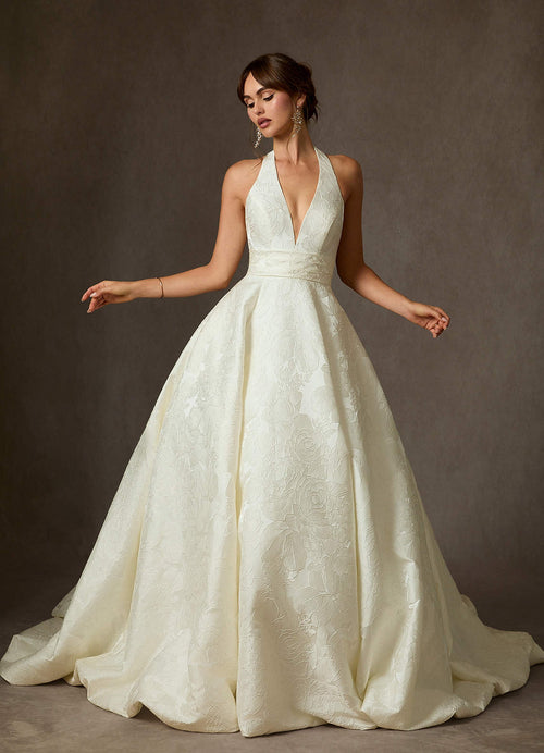 Antique White Ball-Gown with Pockets Floral Jacquard Dress