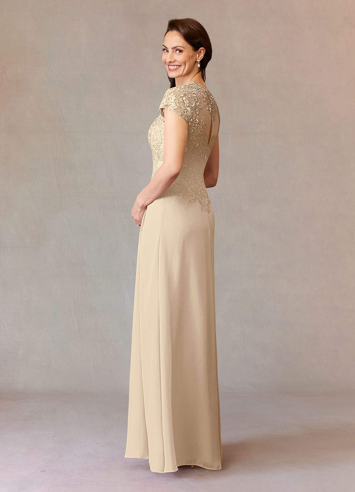 Champagne A-Line Lace Chiffon Dress