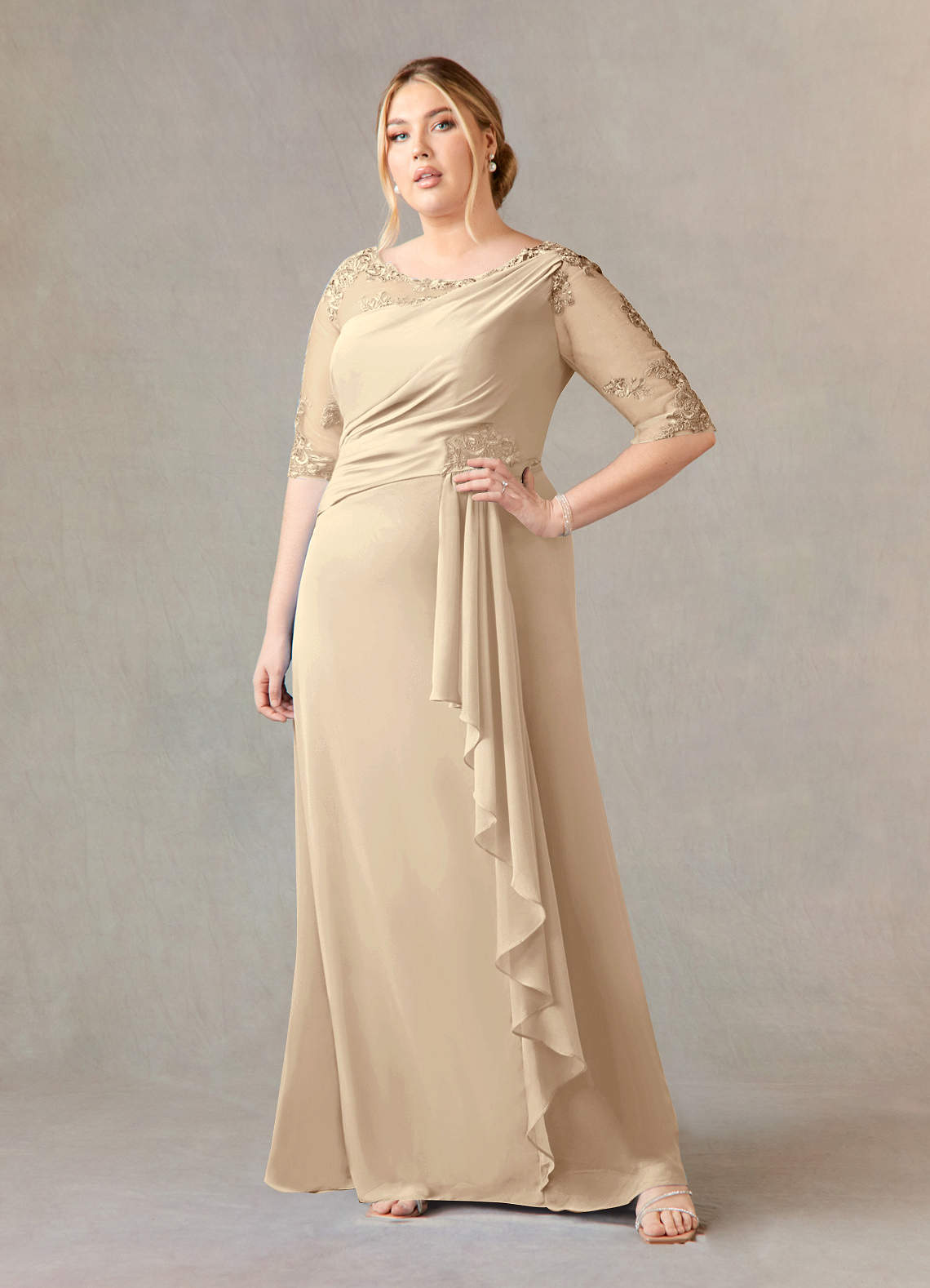 Champagne A-Line Boatneck Lace Chiffon Dress