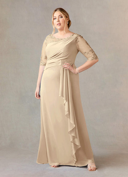 Champagne A-Line Boatneck Lace Chiffon Dress