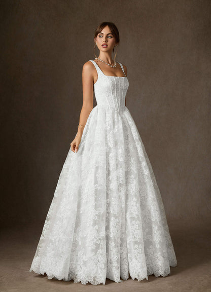 Diamond White Ball-Gown Square Neckline Lace Dress
