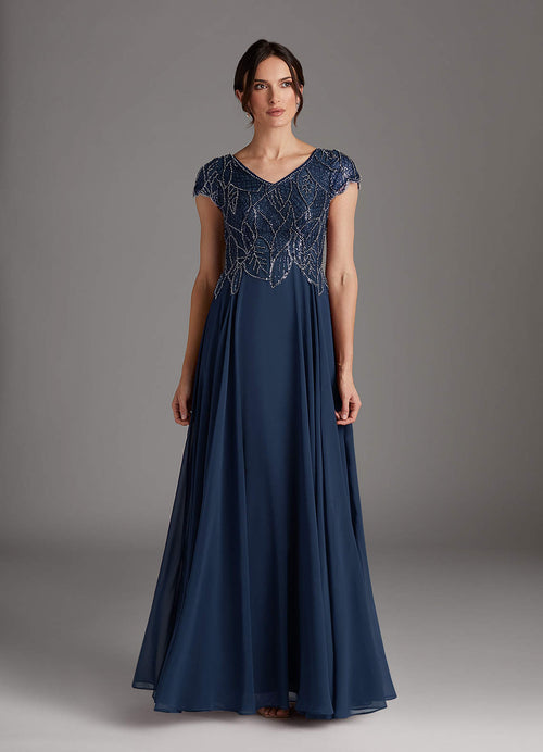 Dark Navy A-Line Sequins Chiffon Dress