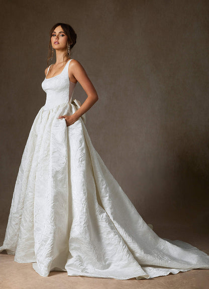 Diamond White Ball-Gown with Pockets Floral Jacquard Dress