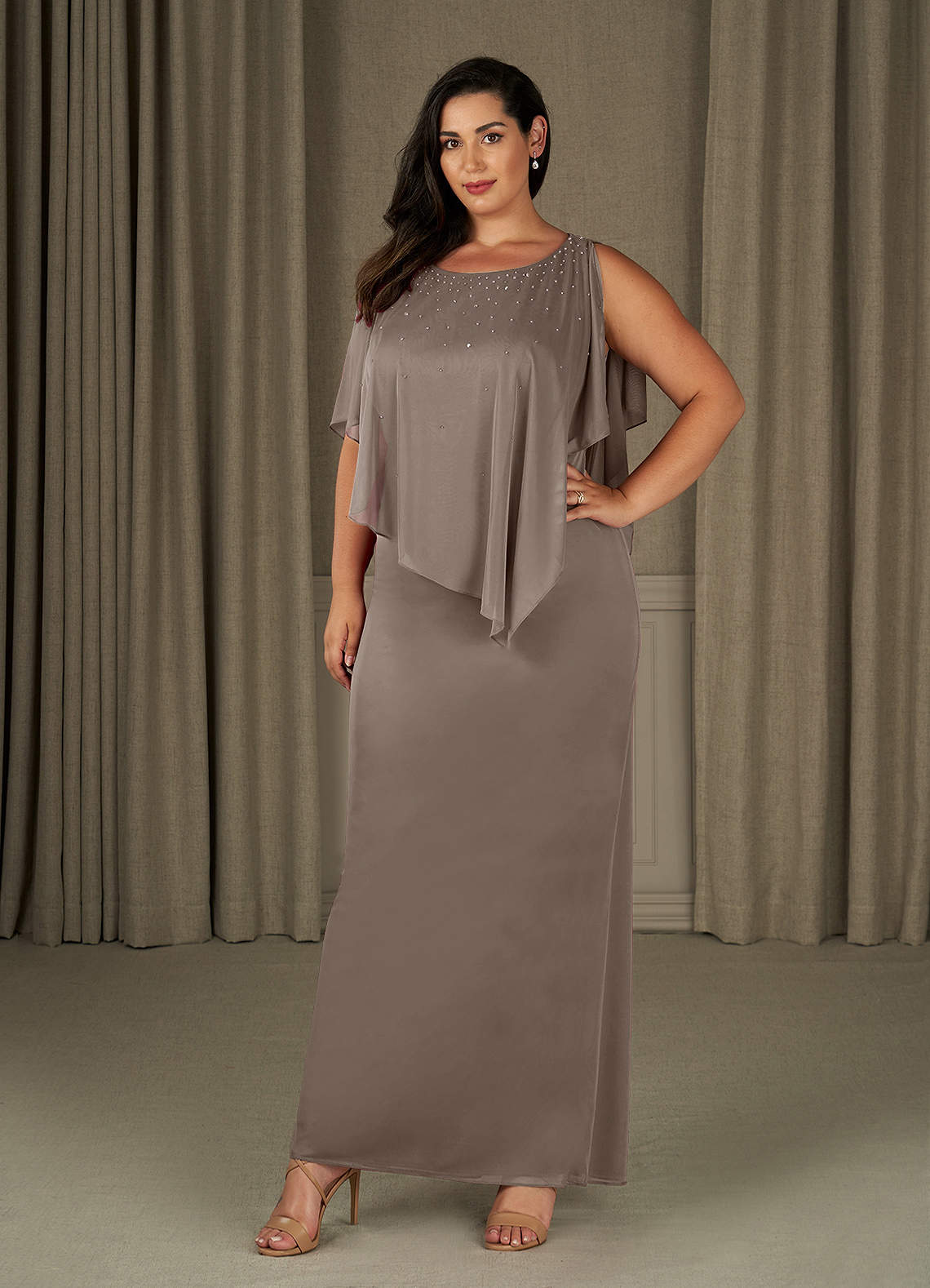 Taupe Sheath Beaded Mesh Dress