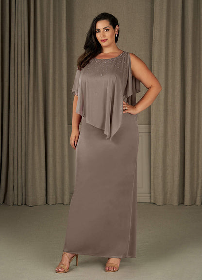 Taupe Sheath Beaded Mesh Dress