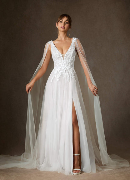 Diamond White A-Line V-Neck Sequins Tulle Dress