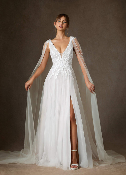 Diamond White A-Line V-Neck Sequins Tulle Dress