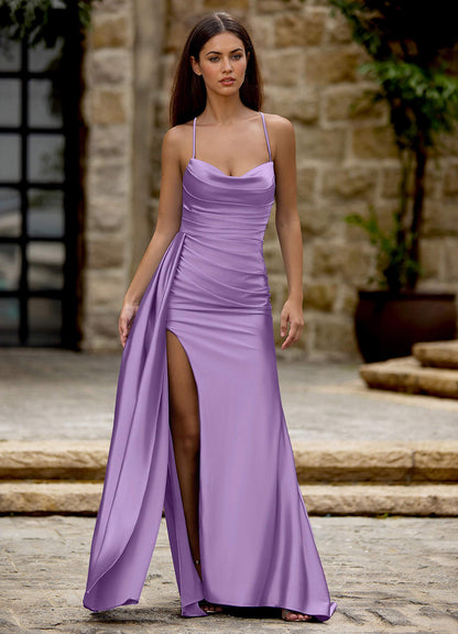 Drape Lavender Satin Prom Dress