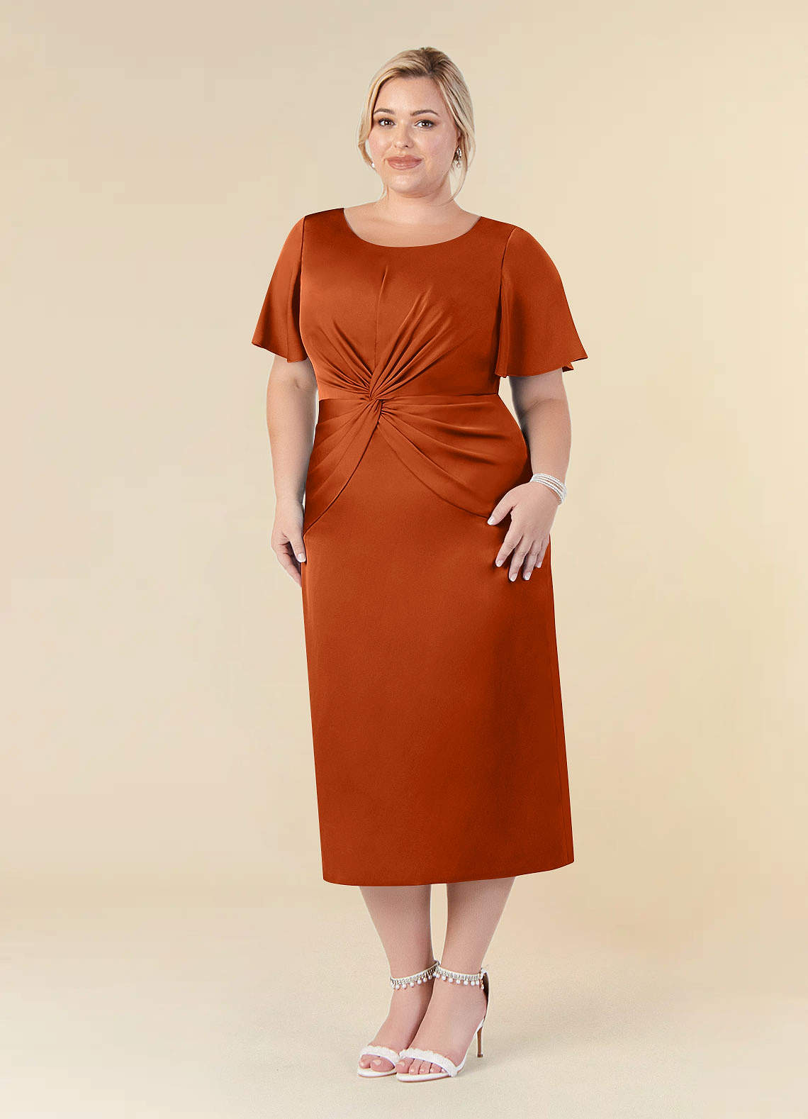 Burnt Orange Sheath Pleated Stretch Satin Dress